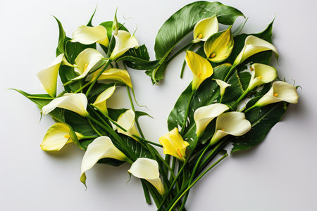 Calla Lilies Laid Out In Heart Shape On White Background Top Viewの素材