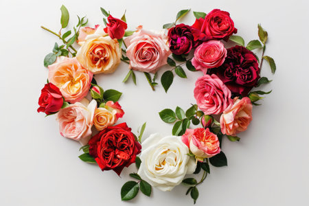Roses Laid Out In Heart Shape On White Background Top Viewの素材
