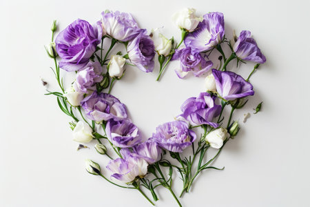 Lisianthus Laid Out In Heart Shape On White Background Top Viewの素材