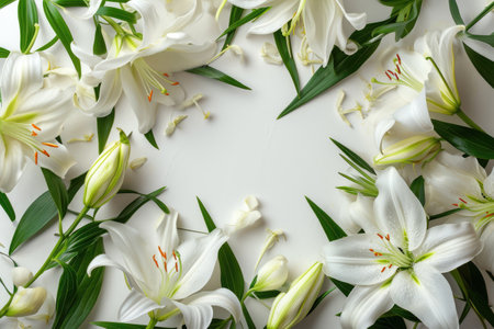 Elegant White Background With Ample Space, Featuring A Frame Of Liliesの素材