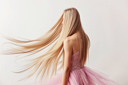 Elegant Slender Blonde With Long Straight Hair Wearing A Pink Dress On A White Backgroundの素材