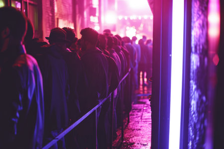 Crowd Queues At Nightclub Entrance, Potential Dangersの素材