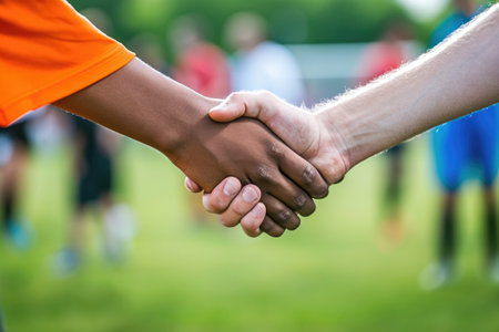 Intimate View Of Soccer Players Engaging In A Handshakeの素材