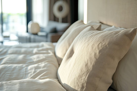 Stylish Contemporary Bedroom With Cushion Bed And Neutral Cotton Beddingの素材