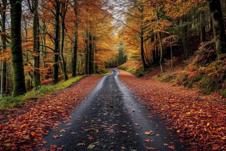 Forest Road Covered In Autumn Leavesの素材
