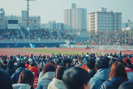 Crowded Sports Stadium With People In Queueの素材