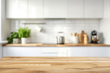 Blurred White Kitchen Featuring A Wooden Countertopの素材