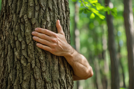 Hand Hugging Tree Trunk In Lush Woodlandの素材