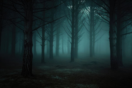 Eerie Forest Enveloped In Spooky Fogの素材