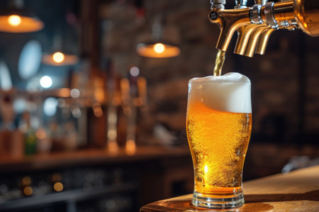 Glass Of Cold Beer Being Poured In Pub Backgroundの素材