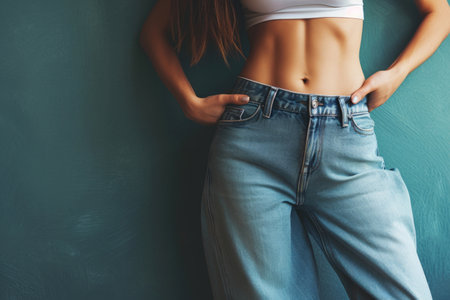 A Sport Woman Posing In Jeansの素材