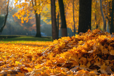 Fallen Leaves Raked Into Piles In An Autumn Parkの素材