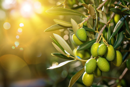 Green Olives On Olive Tree Branch, Bathed In Sunlightの素材