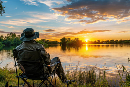 Relaxing Fisherman Takes Solace In Serene Lake Vista From His Seatの素材