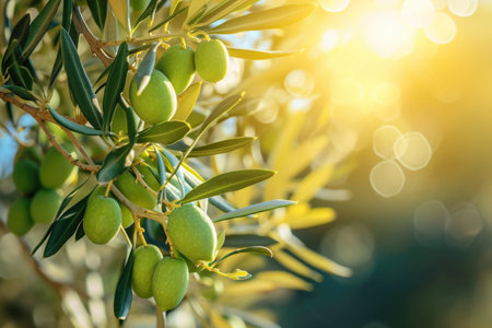 Sunlit Olive Tree Branch Adorned With Green Olivesの素材
