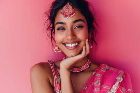 Happy Indian Woman, Young And Beautiful, Pink Backgroundの素材