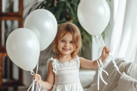 Little Girl Playfully Holds White Balloons Indoorsの素材