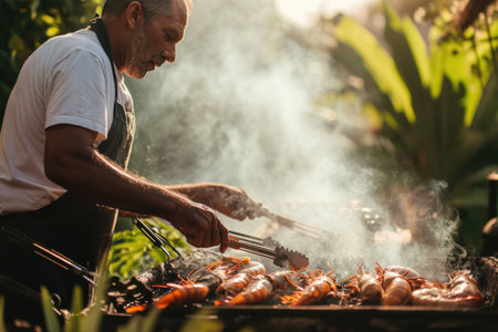 Man Grilling Seafood In His Backyardの素材