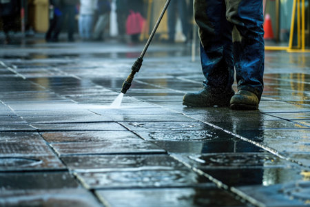 Man Washing Street Tile With Highpressure Washerの素材