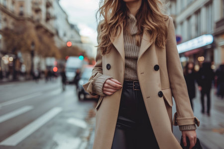 Stylish Woman In Beige Coat Strolls Busy Streetの素材