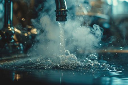 The Evocative Image Of Steam Emanating From A Water Tapの素材
