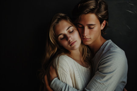Captivating Portrait Of A Young Family Couple On A Stunning Black Backgroundの素材