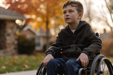 Determined Young Boy In Wheelchair, Overcoming Challenges With Strength And Resilienceの素材