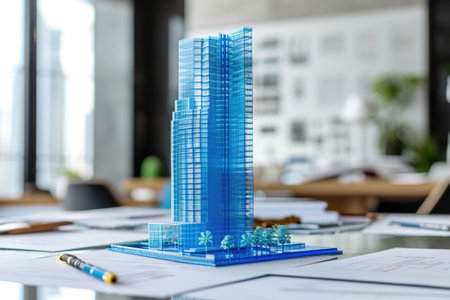 Futuristic Blue D Model Of Skyscraper On Table At Real Estate Agency, Representing Business And Mortgage Contractsの素材