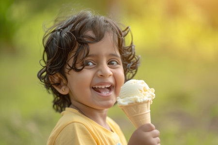 Adorable Indian Toddler Delighting In Ice Cream Pleasures In The Great Outdoorsの素材