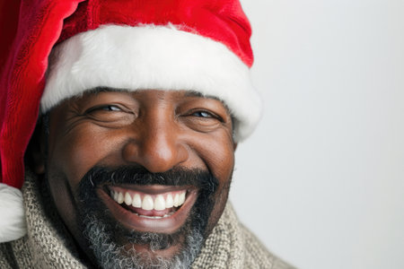 Joyful African American Man Wearing Red Santa Cap, Captured In Closeup On White Backgroundの素材