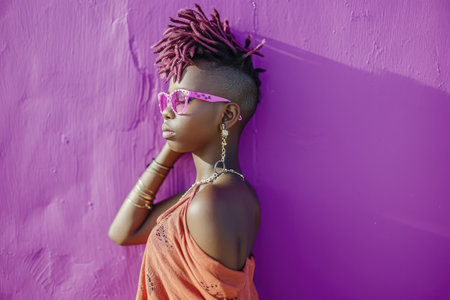 Stylish African Girl Flaunting Fashionable Pink Glasses Strikes A Pose Against A Vibrant Purple Studio Backdropの素材