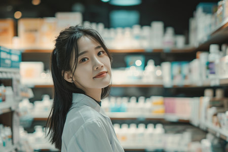 Knowledgeable Asian Pharmacist Provides Exceptional Medication Advice To Customersの素材