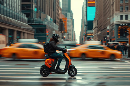 Individual Zips By On Ecofriendly Escooter Amid Urban City Bustleの素材