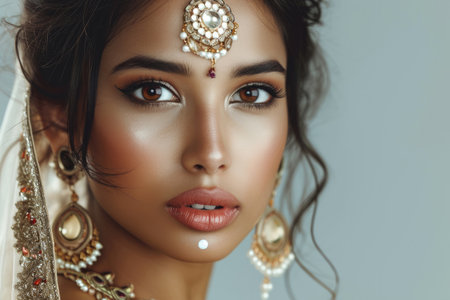 Exquisite Asian Indian Woman Showcasing Stunning Facial Features And Stylish Accessoriesの素材