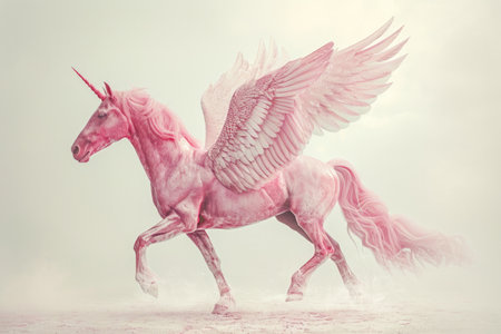 Elegant Pink Pegasus, Majestic Winged Horse, Set Against White Backdropの素材