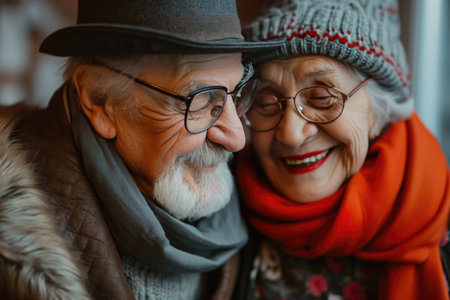 Joyous Moments In A Retirement Home Captured By Elderly Couple In Hats, Glasses, And Gray Hairの素材