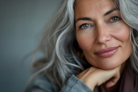 Confident, Ageless Woman Radiates Beauty In Closeup Portrait, Embodying Selfcare And Timeless Eleganceの素材