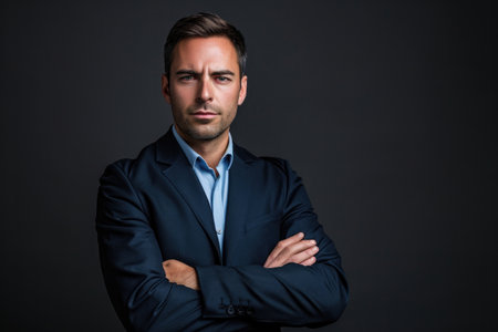 Confident Businessman Exudes Professionalism In Studio Portrait, Arms Crossed, Maintaining Direct Eye Contactの素材