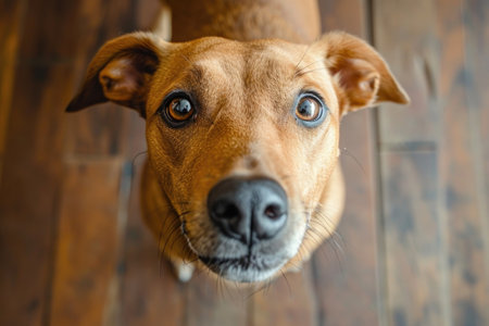 Dog Engages With Camera, Sniffing And Holding Steady Eye Contactの素材