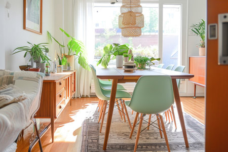 Contemporary Scandinavian Dining Room Featuring Mint Chairs, Wood Table, And Splashes Of Greenの素材