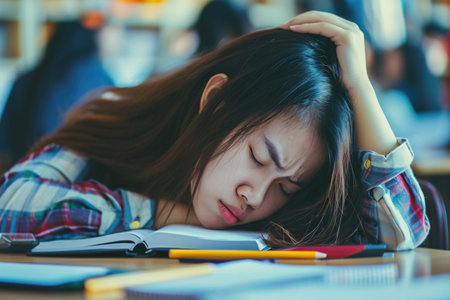 Fatigued Asian Student Dozing Off At School Desk, Holding Head In Distressの素材