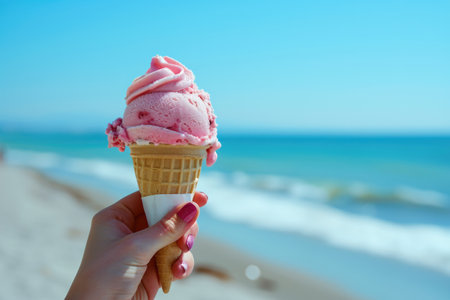 Person Enjoying Refreshing Gelato By The Beach On Sunny Dayの素材