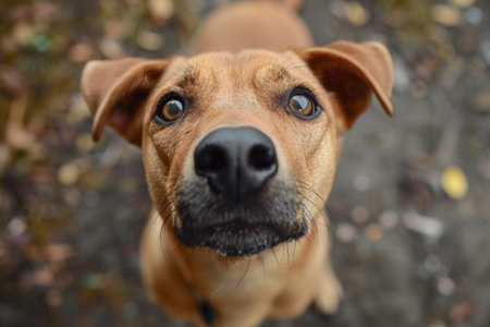 Enthusiastic Dog Approaches, Sniffing And Maintaining Eye Contact With Cameraの素材