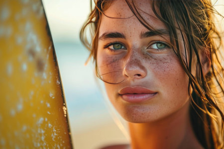 Stunning Image Of A Fit Surfer Girl With A Surfboard, Dreamy Beach Backgroundの素材