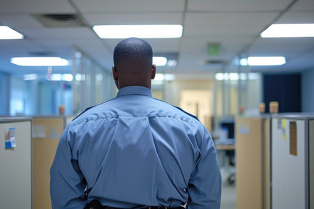 Security Guard Maintains Vigilant Position Facing Away From Office Cubiclesの素材