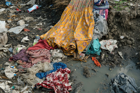 Jumbled Collection Of Old Clothes And Trash Found At Garbage Dumpの素材