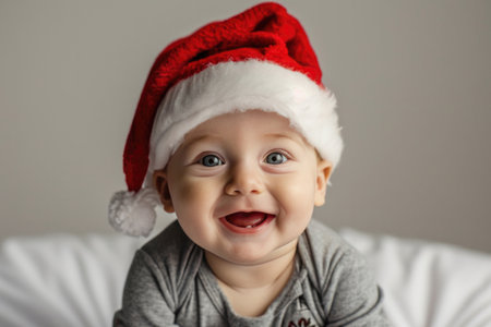 Smiling Baby Boy Model Joyfully Wearing Red Santa Cap Hat, Isolatedの素材