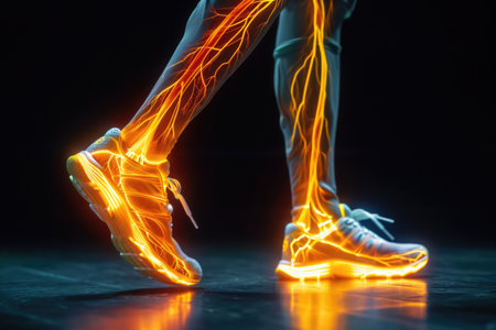 Side View Of Joggers Legs With Pulsating Veins On Black Backgroundの素材