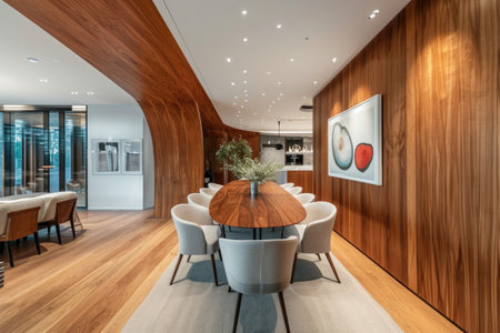 Elegant Dining Room Featuring Artistic Wood Paneling On Arched Wall, Exuding Minimalistic Appealの素材