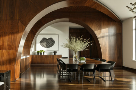 Elegant Minimalist Dining Room With Artistic Wood Paneling On Arched Wallの素材